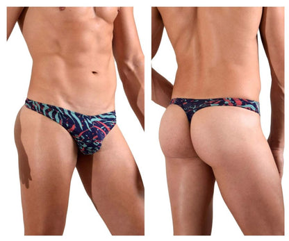Doreanse 1406-prn submarine thong featuring vibrant tropical leaf pattern in navy blue teal and pink colors