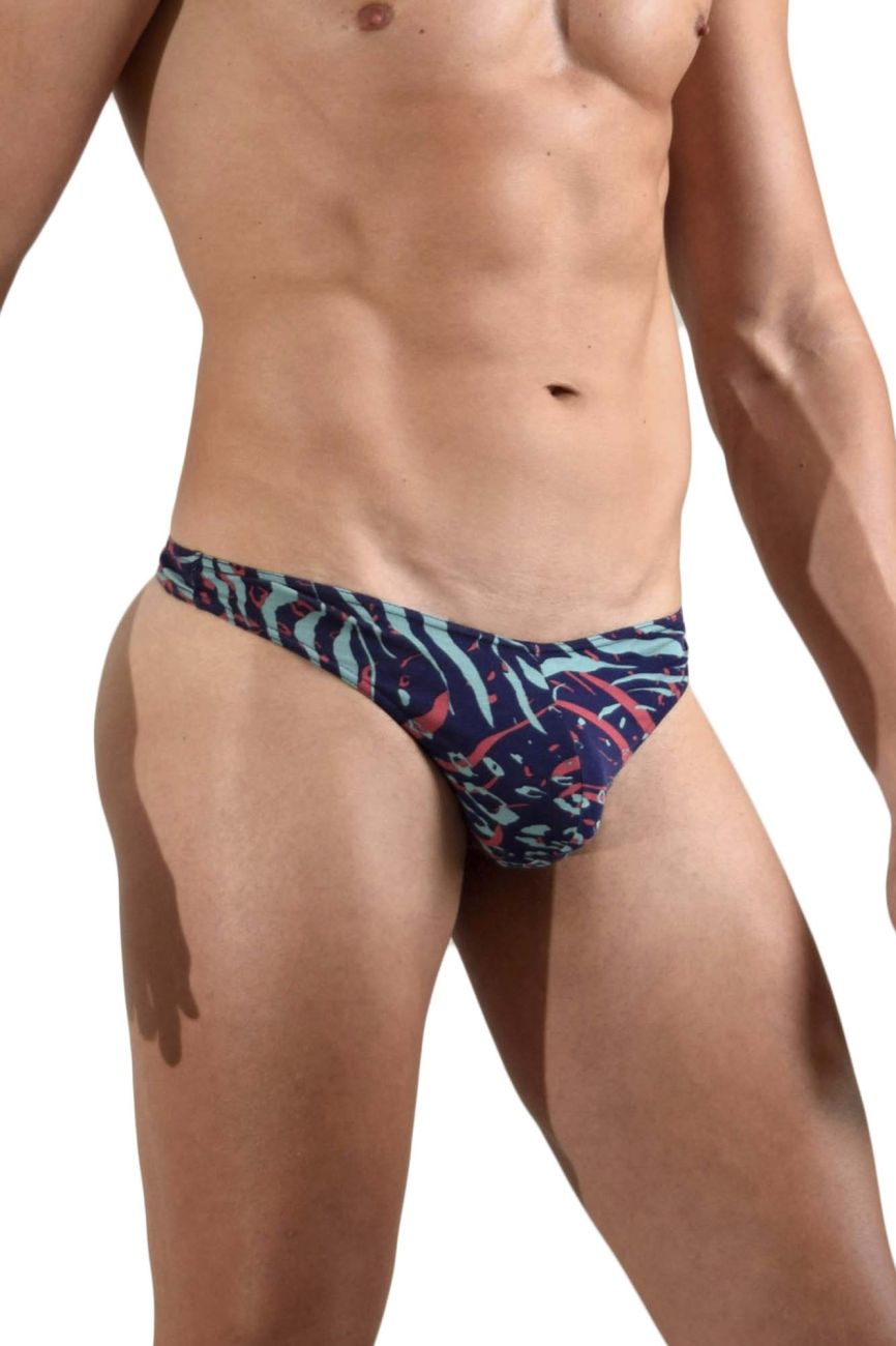 Doreanse 1406-prn submarine thongs vibrant tropical-patterned men’s briefs in navy teal and coral colors