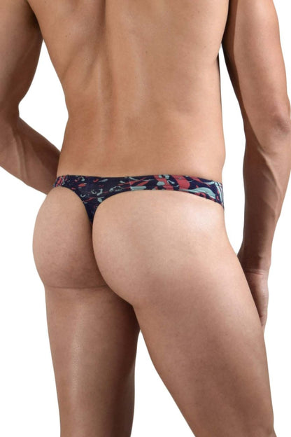 Dark blue Doreanse 1406-PRN submarine thong with vibrant pink red and light green floral pattern front view