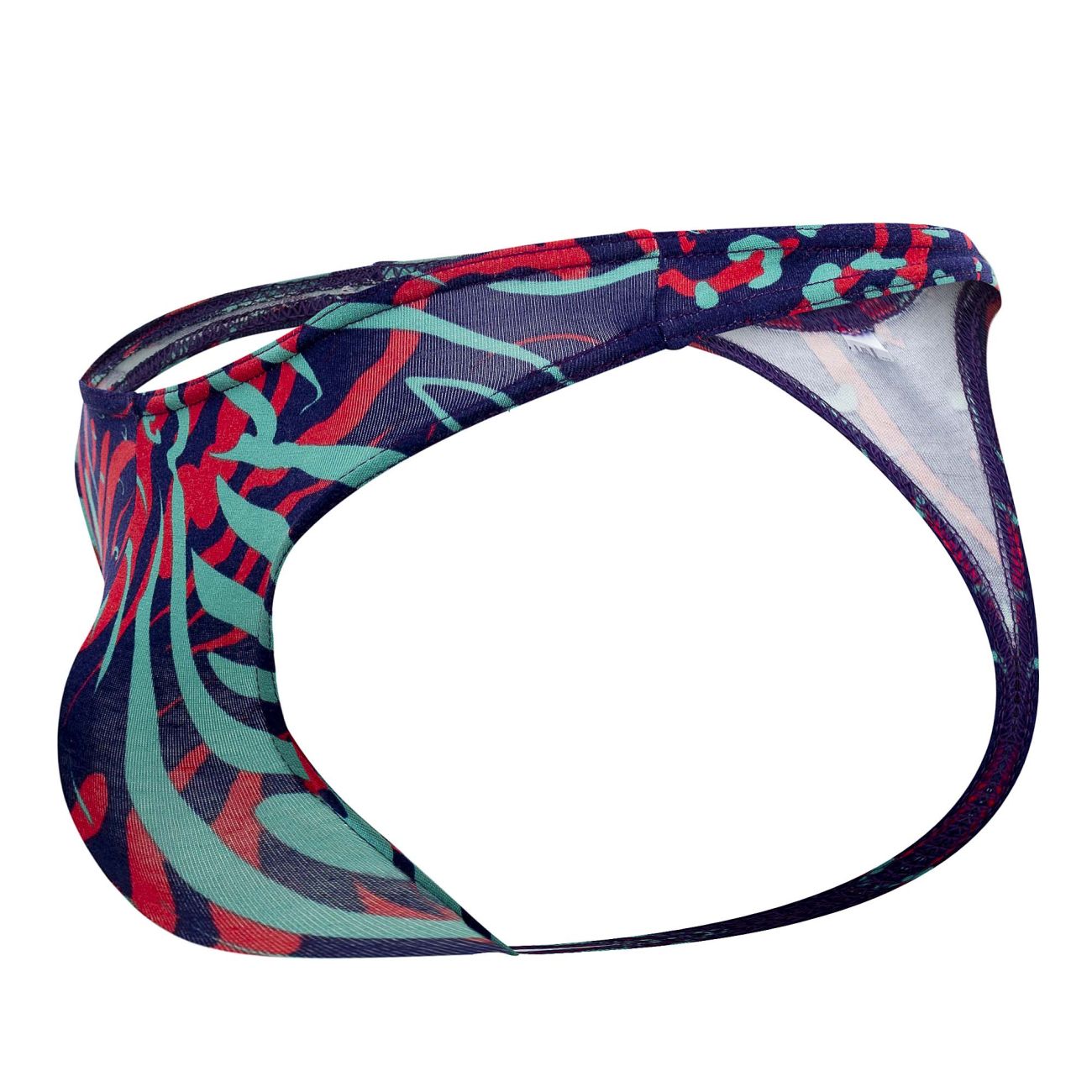 Doreanse 1406-prn submarine thong in navy blue with bold red and teal abstract leaf print for men