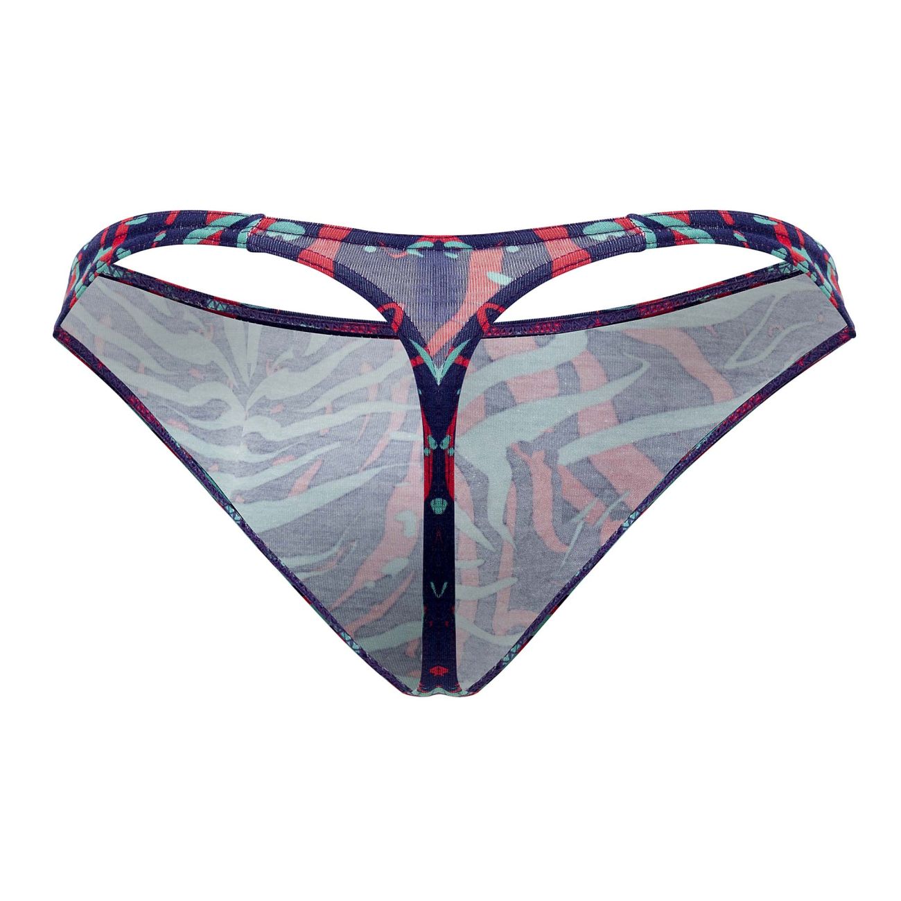 Doreanse 1406-PRN submarine thong sheer patterned with vibrant red and blue geometric waistband design front view