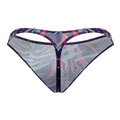 Doreanse 1406-PRN submarine thong sheer patterned with vibrant red and blue geometric waistband design front view