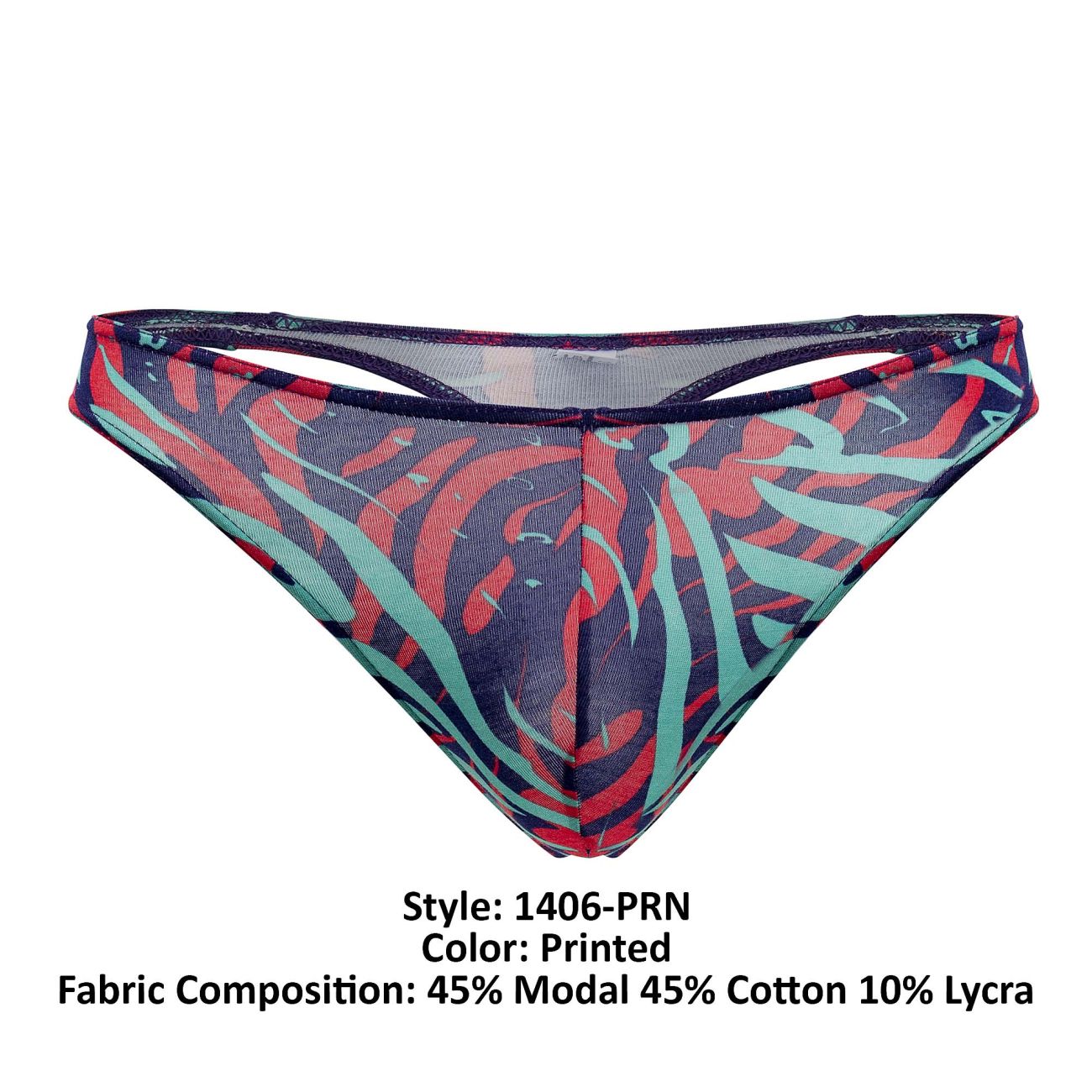 Doreanse 1406-prn printed sheer mesh brief with bold red and teal abstract pattern on dark base