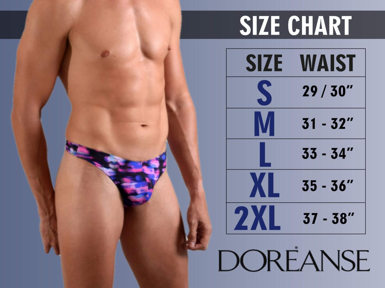 Vibrant purple and blue abstract patterned men’s briefs by doreanse with colorful printed design for stylish comfort