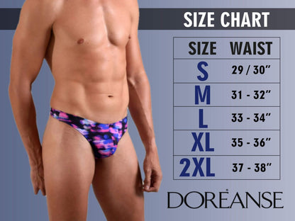 Vibrant purple and blue abstract patterned men’s briefs by doreanse with colorful printed design for stylish comfort