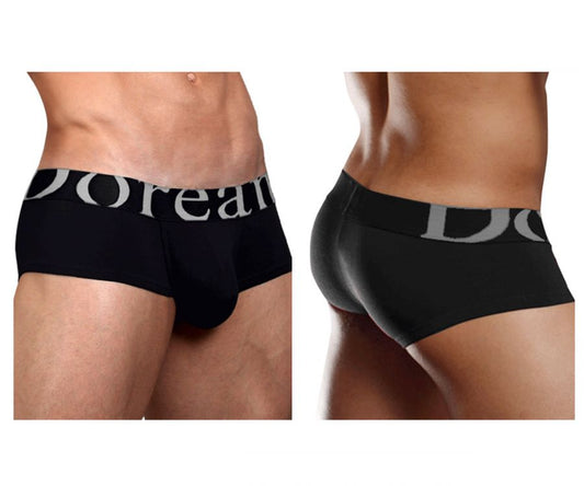 Black men’s pouch mini trunk briefs in black with a gray doreanse logo waistband