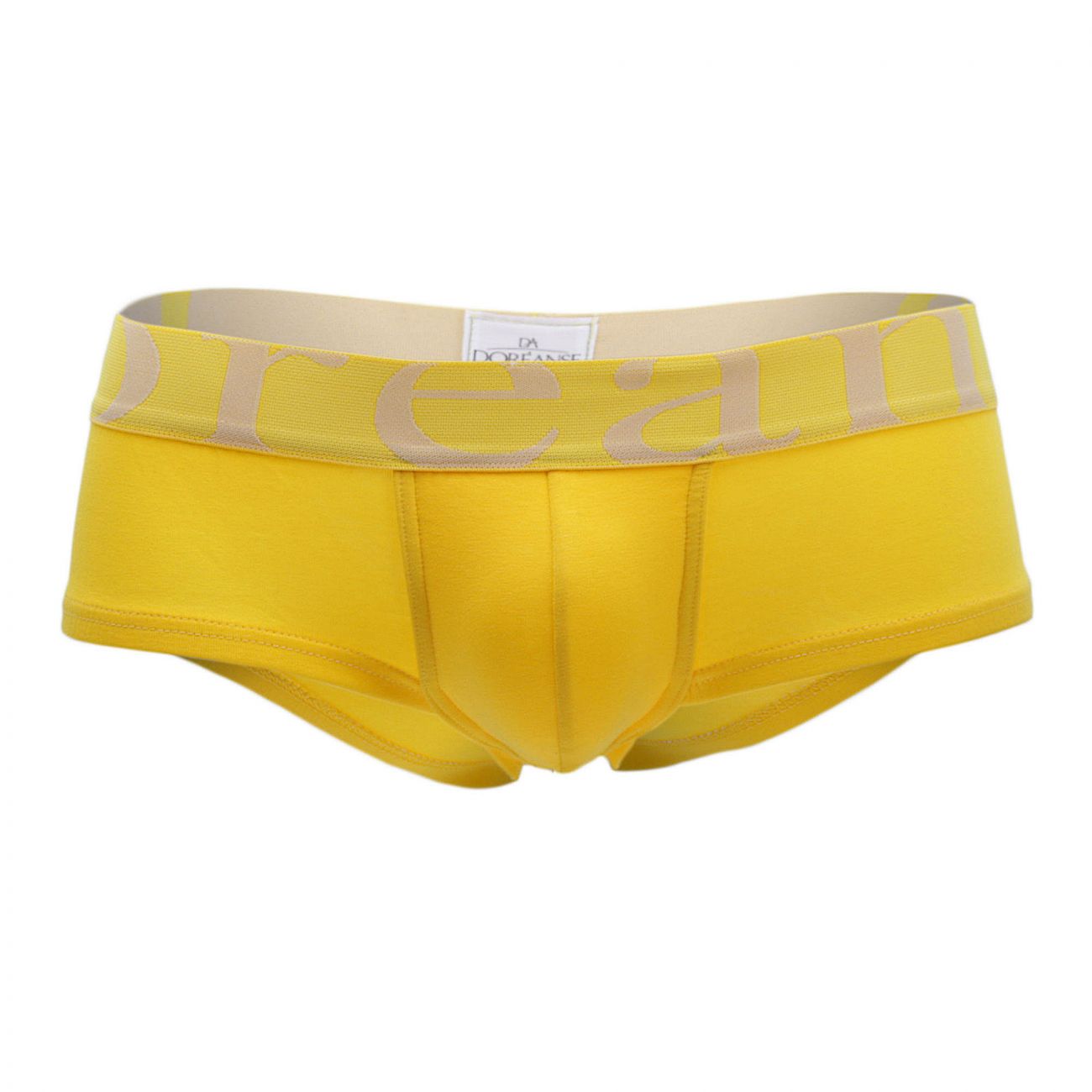 Doreanse 1779-YLW yellow men’s briefs with beige elastic waistband and dream lettering in light tan on front pouch trunk