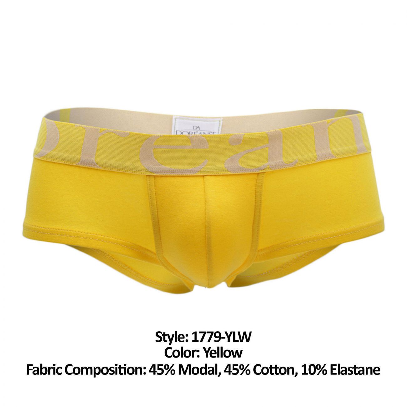 Bright yellow doreanse 1779-ylw men’s pouch mini trunk briefs with beige dream logo band and fabric label