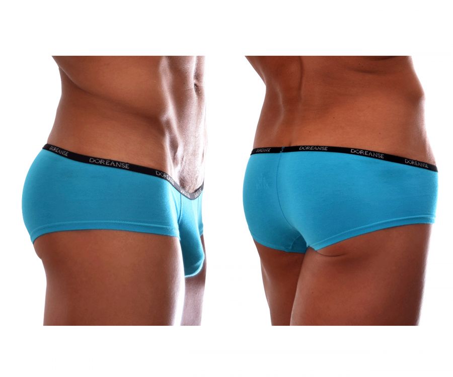 Bright blue doreanse 1781-trq naked mini trunk briefs with black elastic waistband and white brand name lettering