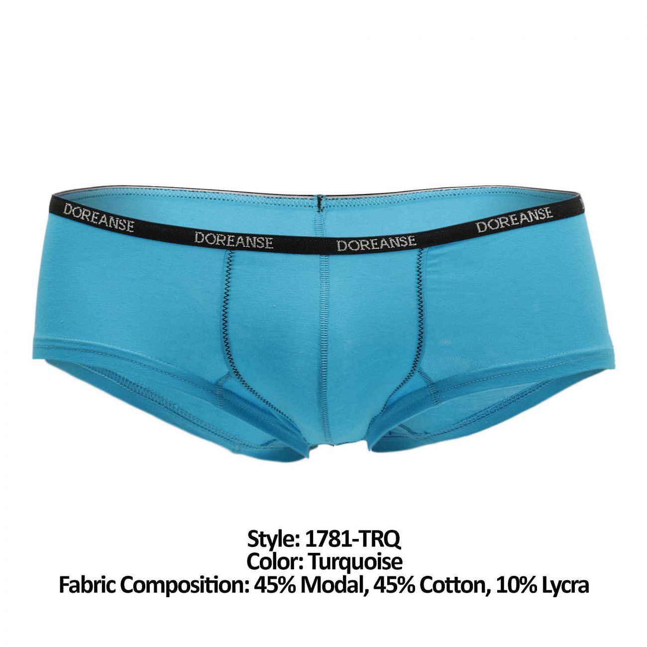 Turquoise doreanse 1781-TRQ naked mini trunk briefs with black waistband and white brand name lettering