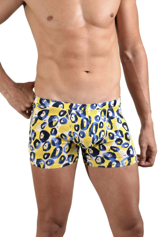 Yellow boxer briefs with bold blue and black leopard print by Doreanse 1799-PRN leopard art color printed design