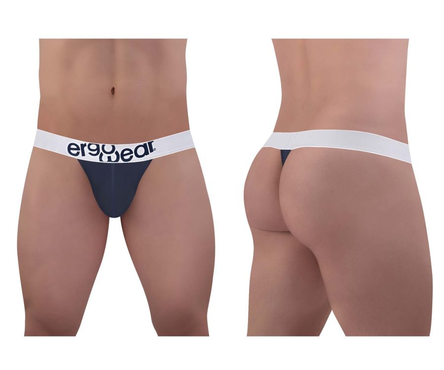 Navy blue ErgoWear EW1470 MAX cotton thong with white waistband and black logo text shown from the back side