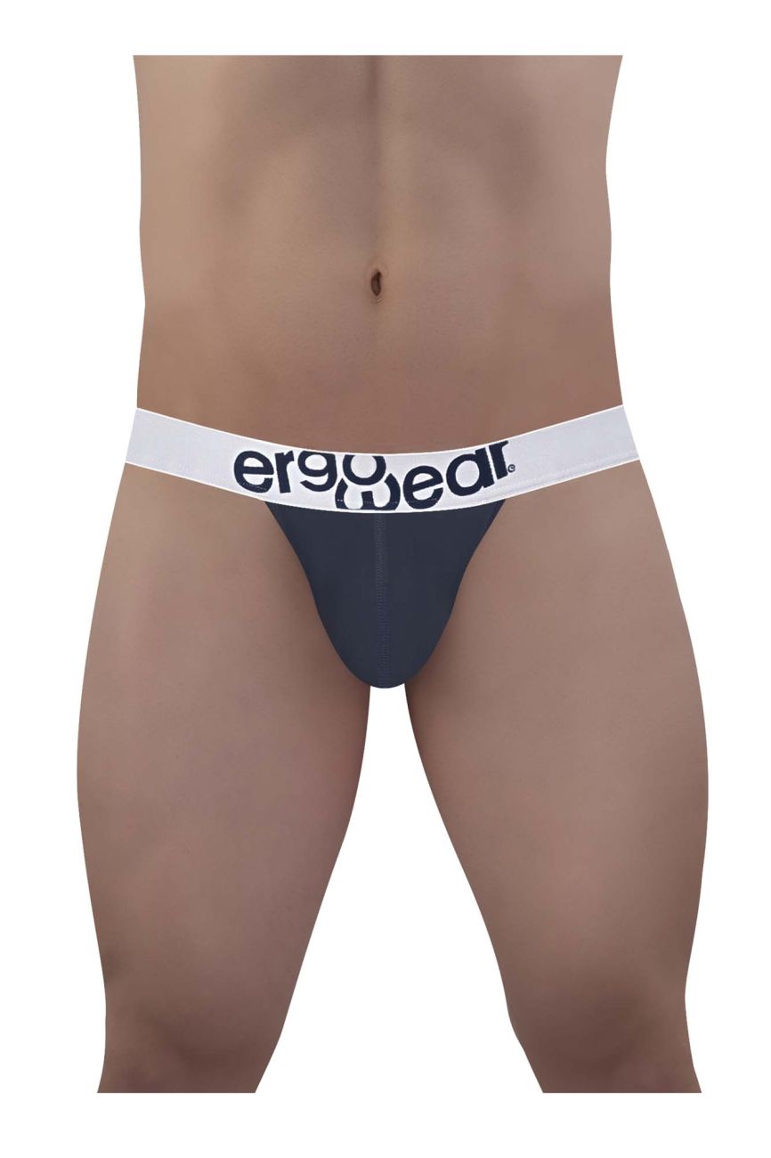 Dark gray ergonomic brief with white ergogear logo waistband made from cotton in ergoWear ew1470 max thongs navy blue