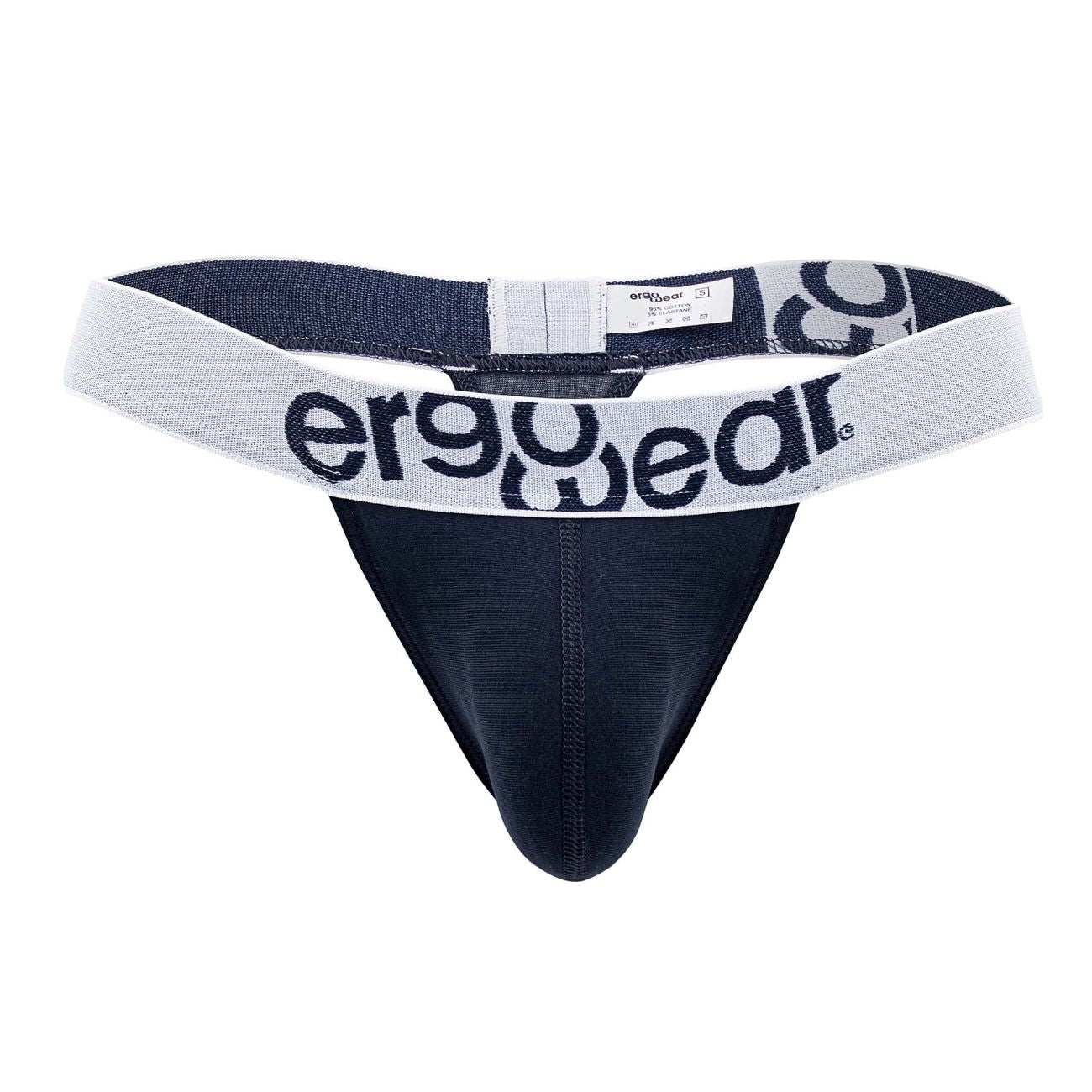 Navy blue ergonomic cotton thong with white elastics waistband featuring ergowear logo in black lettering