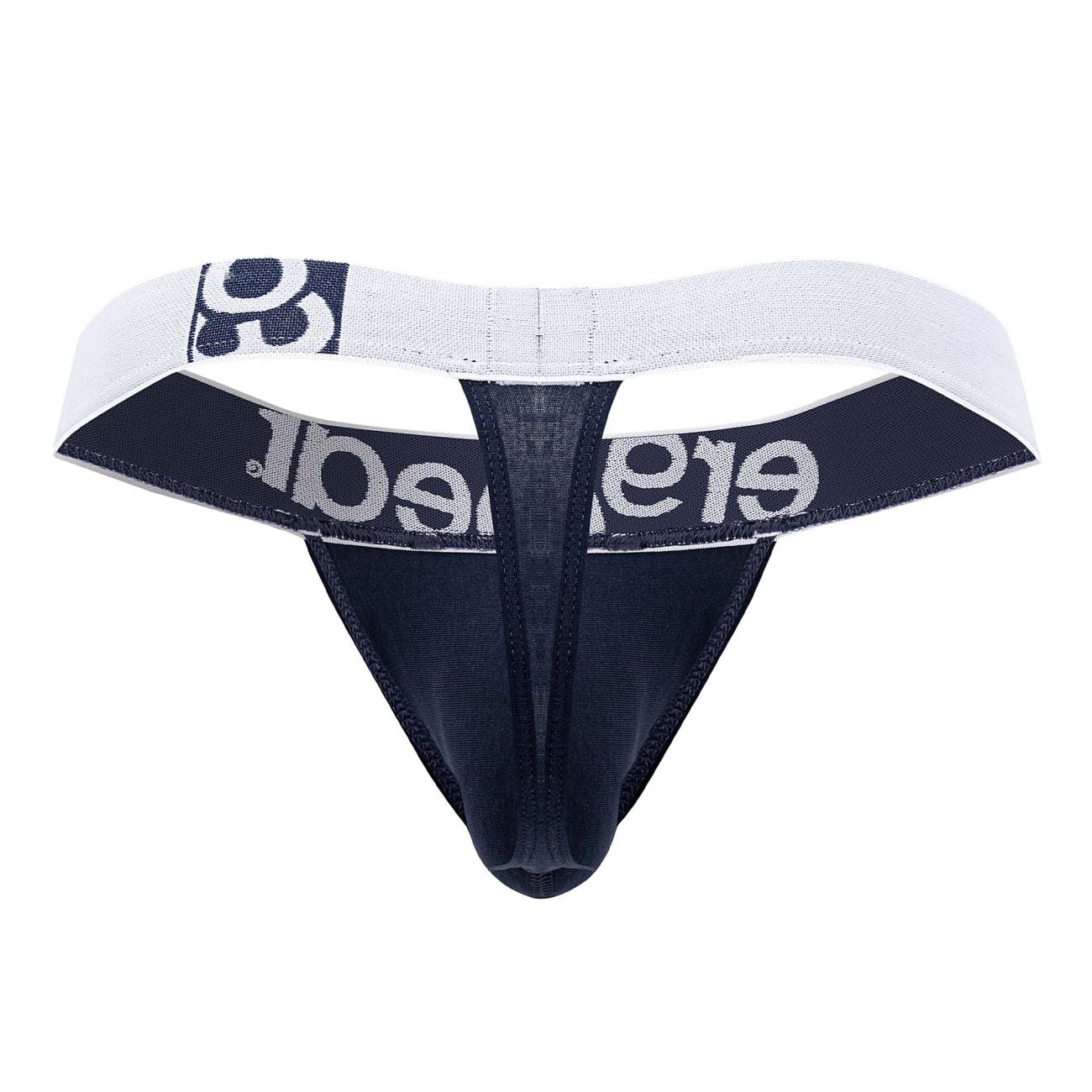 Black and white ergo wear ew1470 max cotton thong with textured fabric and silver elegant lettering on waistband in navy blue