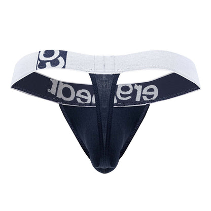 Black and white ergo wear ew1470 max cotton thong with textured fabric and silver elegant lettering on waistband in navy blue