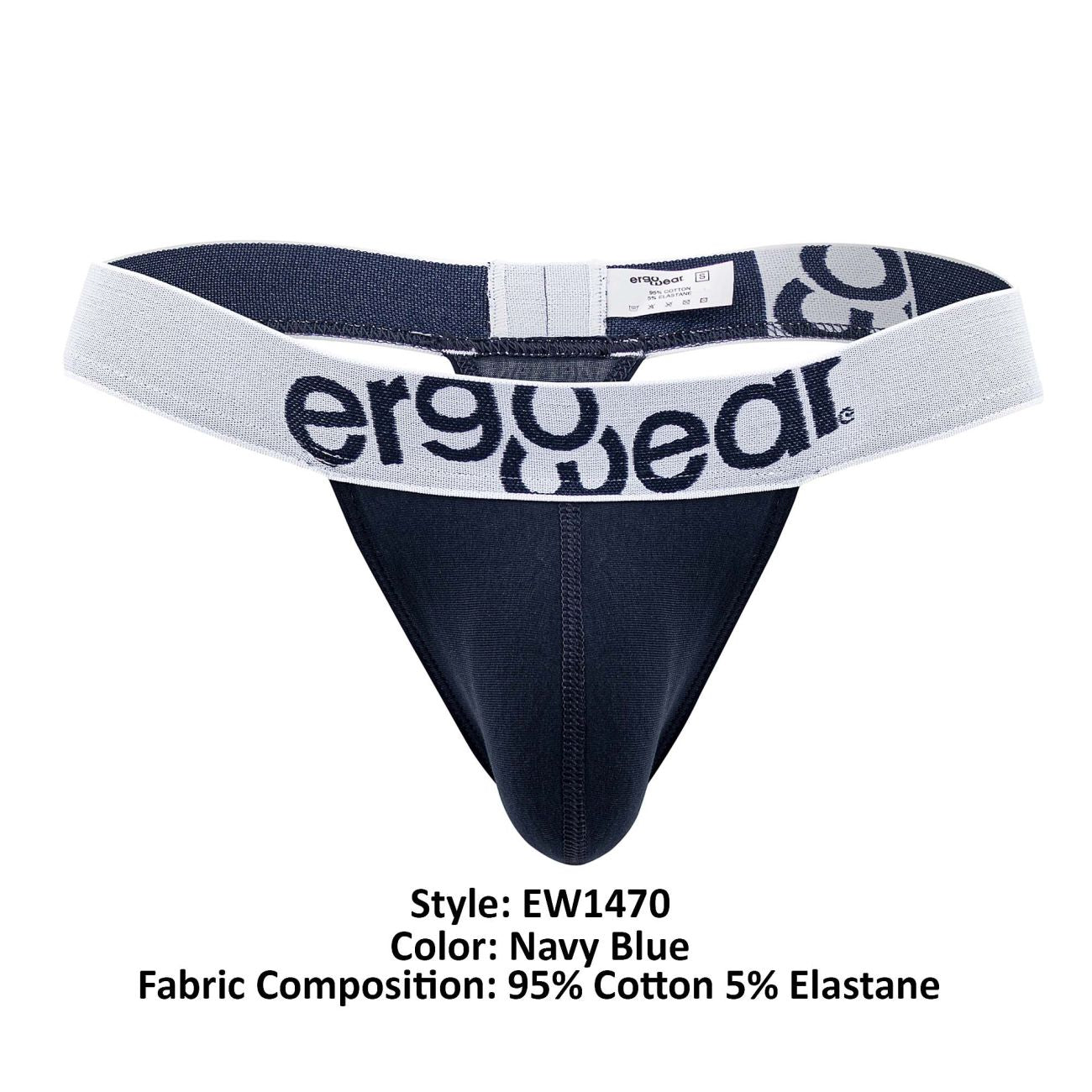 Navy blue ergonomic thong with white elastic waistband featuring ergowear logo made of cotton for comfortable wear