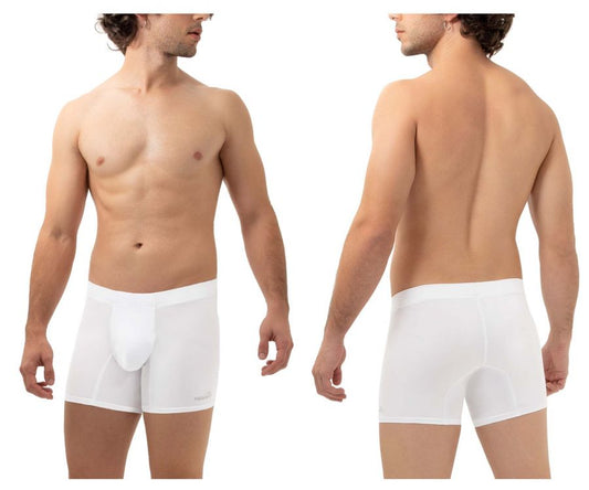Hawai 42222 white microfiber men’s boxer briefs with smooth form-fitting design and supportive pouch
