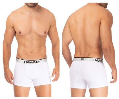 White men’s microfiber boxer briefs with a silver waistband featuring black hawaii brand lettering color white
