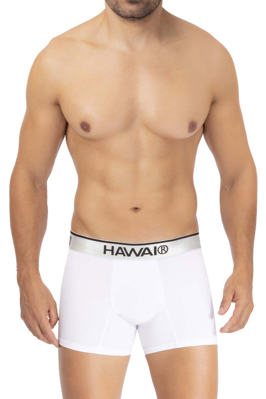 White Hawai microfiber boxer briefs with silver waistband showing front side for comfortable daily wear