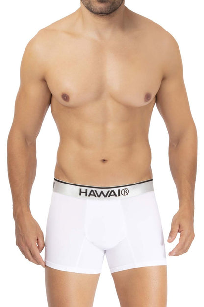 White Hawai microfiber boxer briefs with silver waistband showing front side for comfortable daily wear