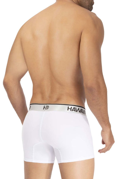 White hawaii microfiber boxer briefs with silver waistband featuring black lettering and logo in front view