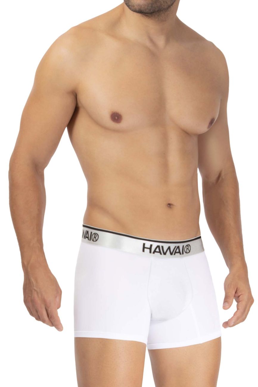 White hawaii microfiber boxer briefs with silver waistband and black lettering in color white model hawai 42326