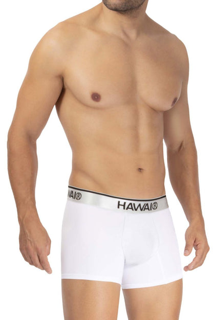 White hawaii microfiber boxer briefs with silver waistband and black lettering in color white model hawai 42326