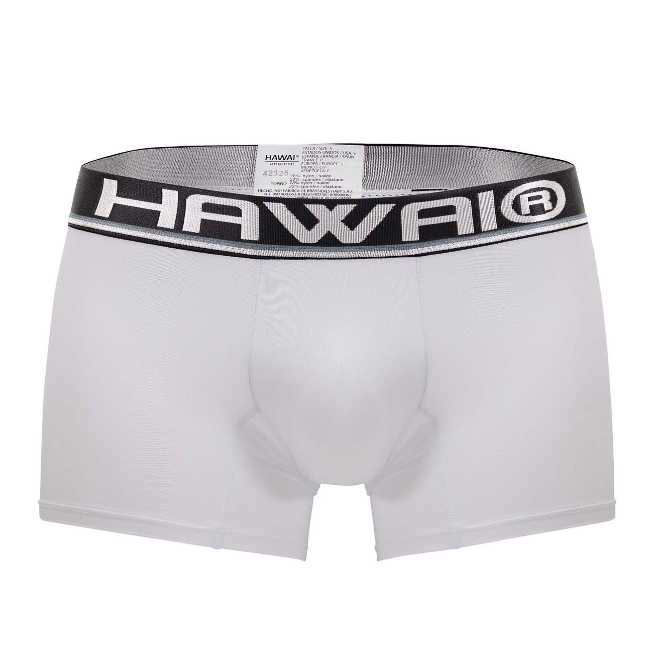 White Hawai microfiber boxer briefs in white with a black elastic waistband featuring bold white lettering