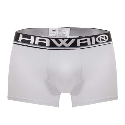 White Hawai microfiber boxer briefs in white with a black elastic waistband featuring bold white lettering