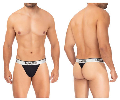 Black hawai microfiber thong with white elastic waistband featuring hawaii logo in black lettering
