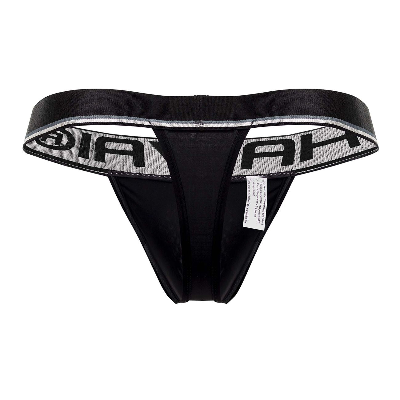 Black microfiber thong with a wide elastic waistband featuring bold black ah lettering on a silver textured background
