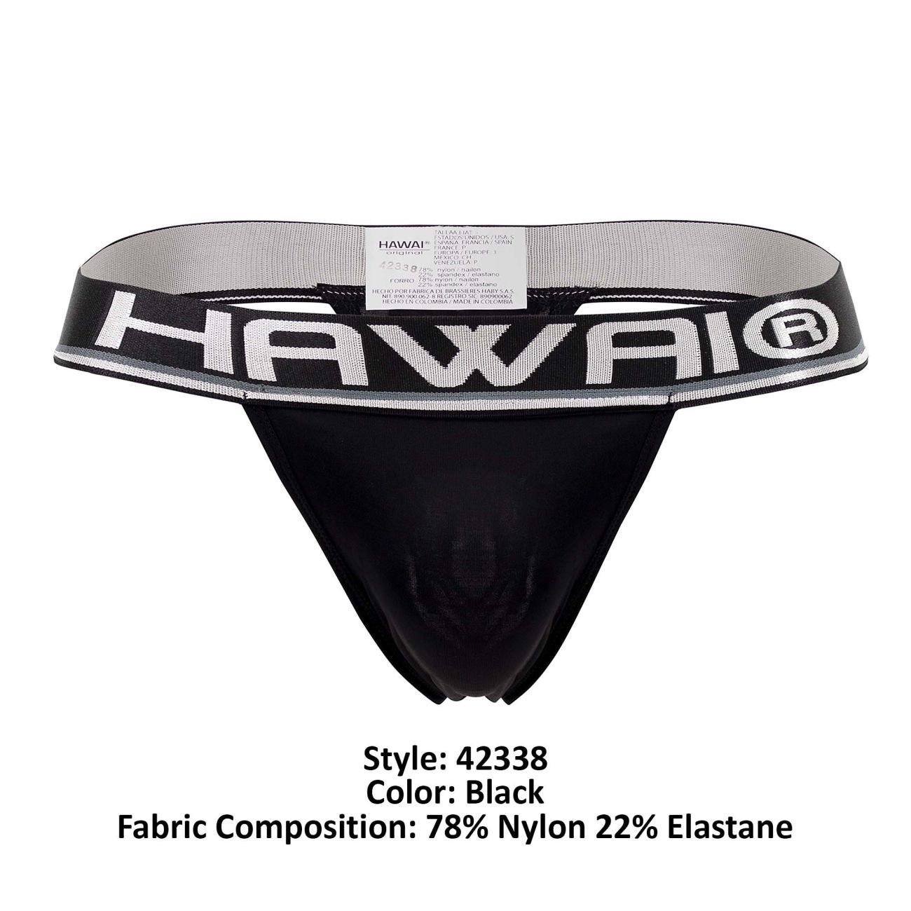 Black hawaiian brand microfiber thong in black featuring a bold white logo on the waistband showing the back side