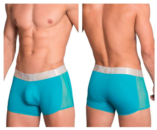 Turquoise men’s boxer briefs hidden 964 mesh side trunks color jade with translucent mesh panel and white elastic waistband