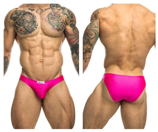 Vibrant pink high-waisted swim trunks by justin simon xsj01 with sleek form-fitting design and white brand tag