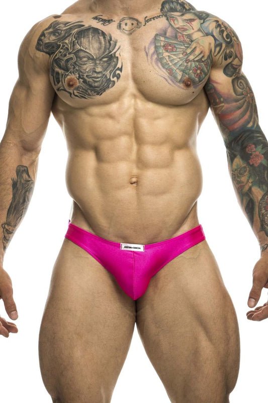 Bright pink justin simon xsj01 classic bikini briefs with white brand label made for athletic use