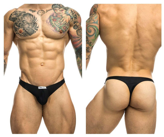 Black justin simon xsj03 classic thong with a small white label at the waistband showing the back side