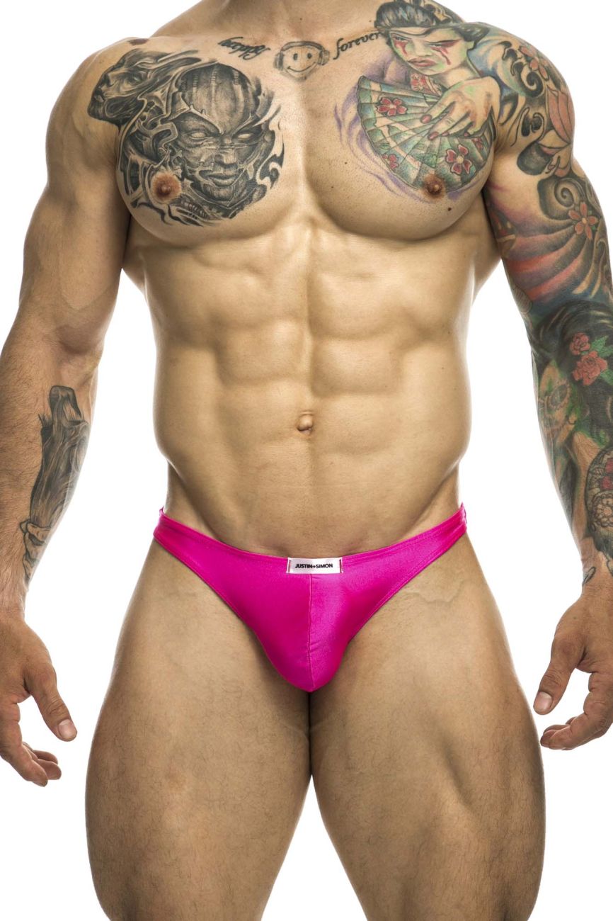Pink satin classic thongs with a white waistband brand tag by justin+simon model xsj03