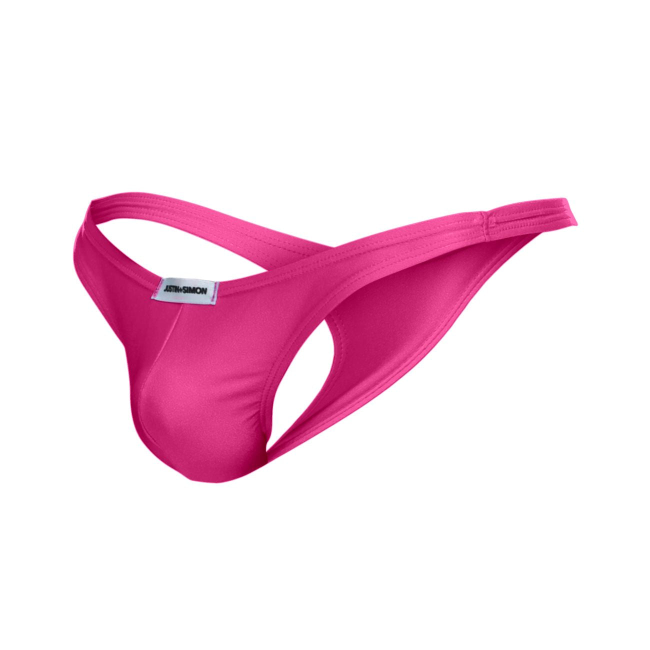 Bright pink seamless fabric thong with branded label from justin plus simon xsj03 classic thongs collection