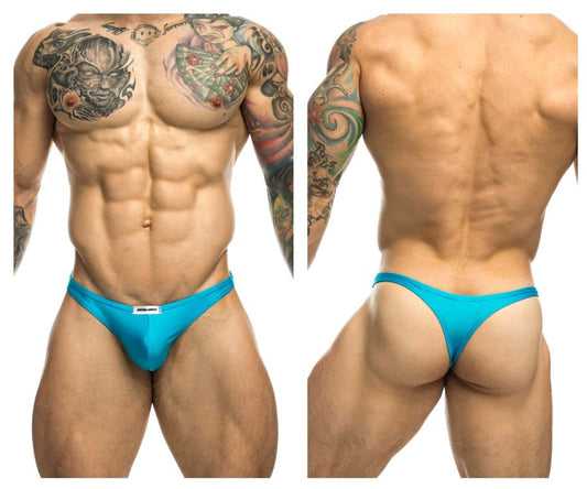 Bright turquoise blue justin simon xsj03 classic athletic briefs with a small white brand tag at the waistband