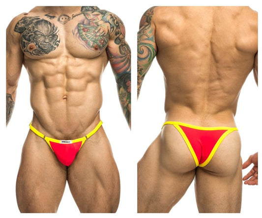 Justin simon xsj12 bikini one color coral vibrant red and yellow athletic briefs with bold contrasting trim