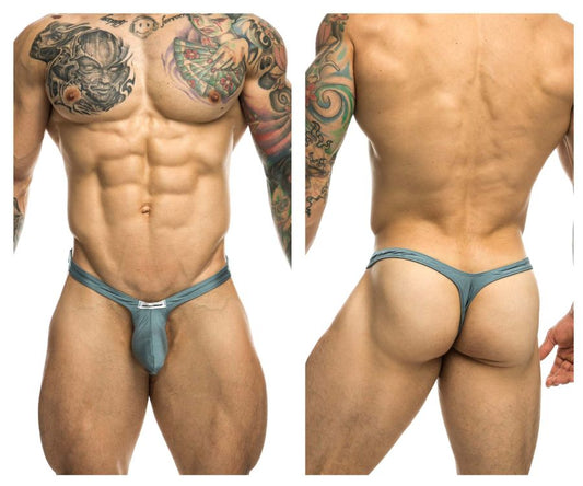 Teal-colored justin simon xsjbu02 bulge thong with metallic front buckle in metal green color