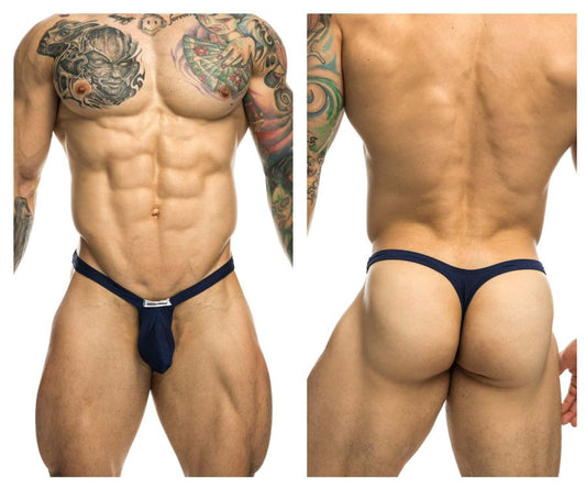 Navy blue thong by justin+simon with a small metallic clasp at the front model xsjbu02 bulge thong