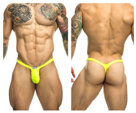 Bright neon yellow justin simon xsjbu02 bulge thong with small white brand tag at the front