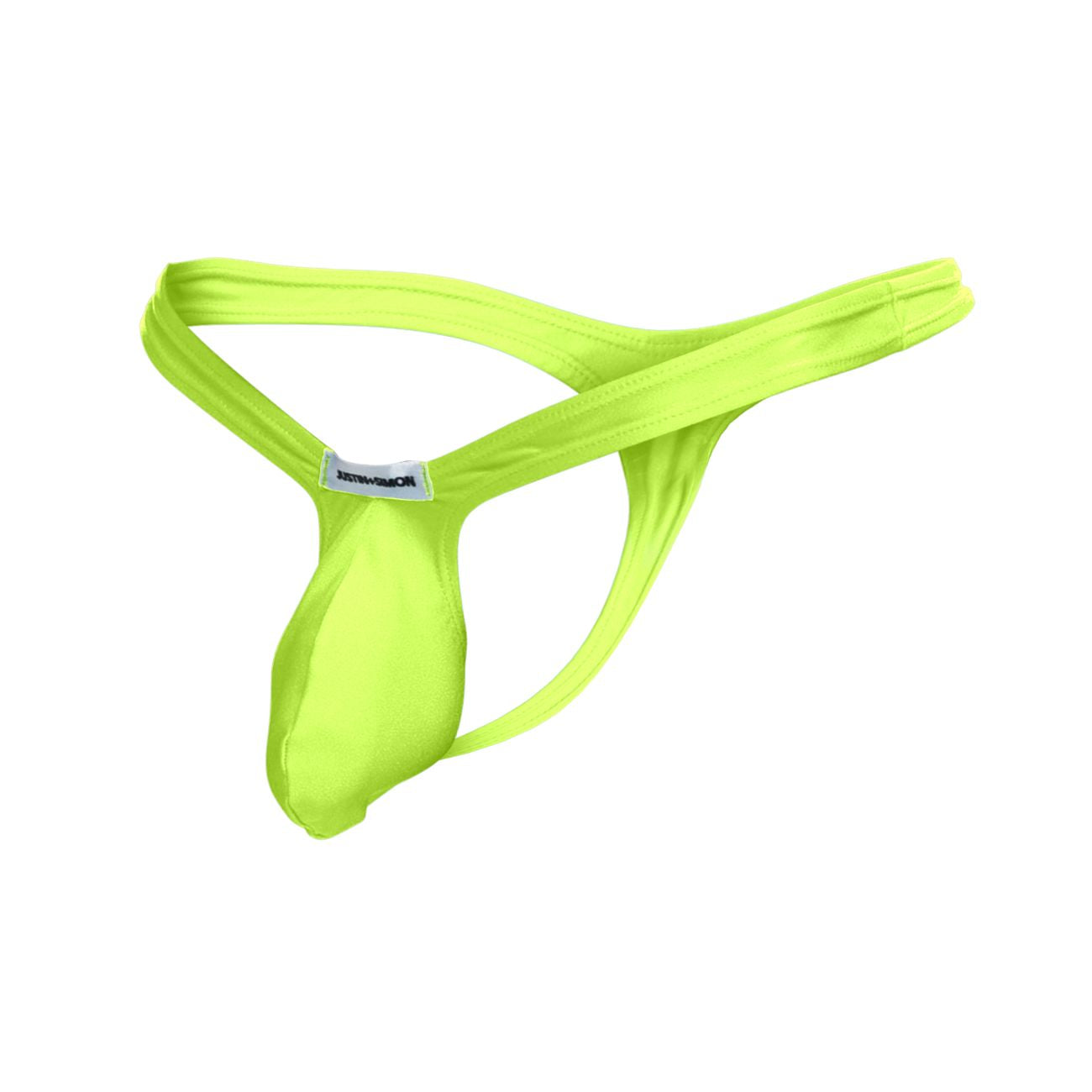 Bright neon green justin simon xsjbu02 bulge thong made of smooth stretchy fabric with minimalist design and brand tag at back