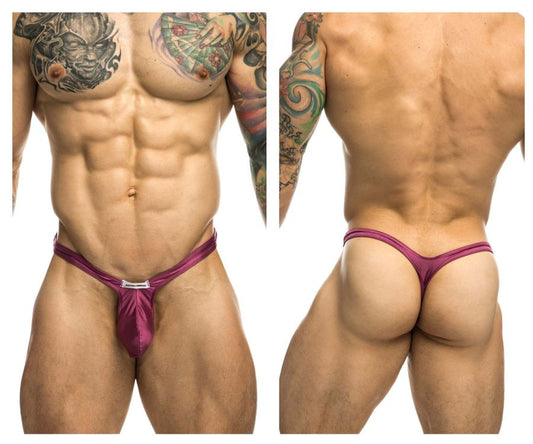 Justin+Simon XSJBU02 bulge thong in wine color featuring vibrant magenta satin with a sleek metal clasp front design