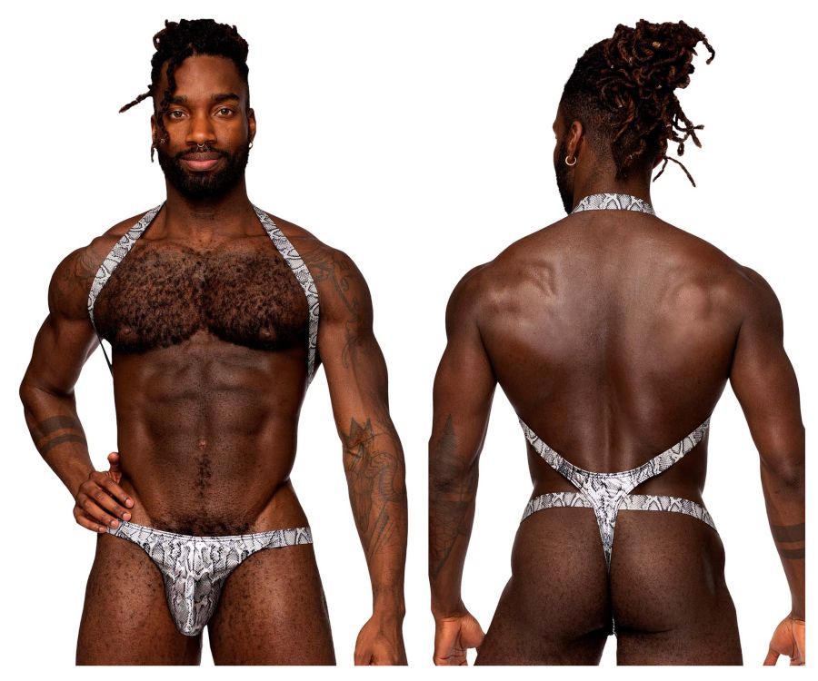 Silver and black snake-patterned men’s thong with halter-style straps from male power 404-282 harness collection