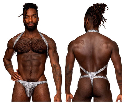 Silver and black snake-patterned men’s thong with halter-style straps from male power 404-282 harness collection
