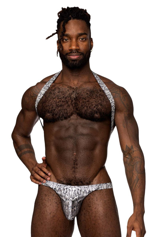 Male Power 404-282 silver-black snake-patterned men’s halter-style briefs with a sleek fitted design