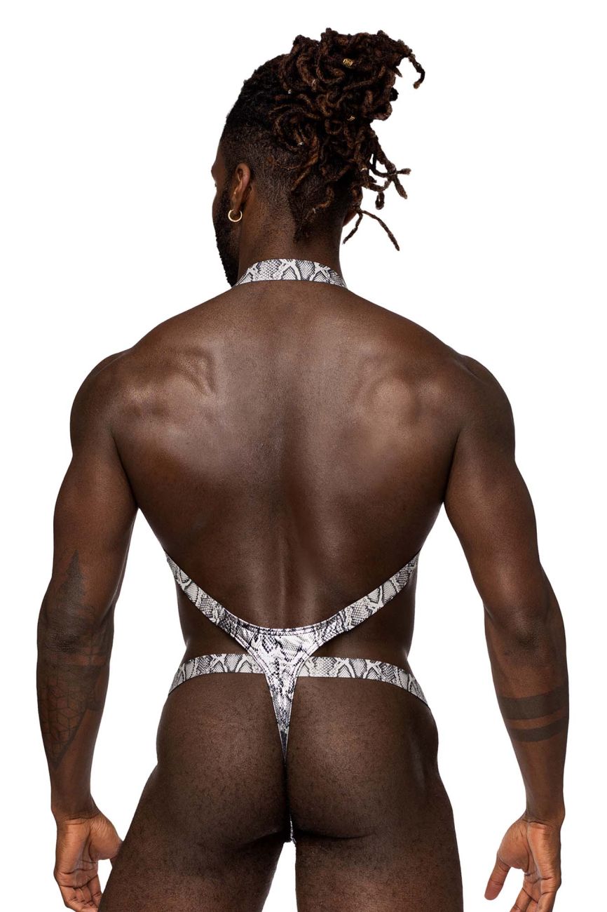 Male power 404-282 s-naked shoulder sling harness thong in silver-black snake print showing the back side